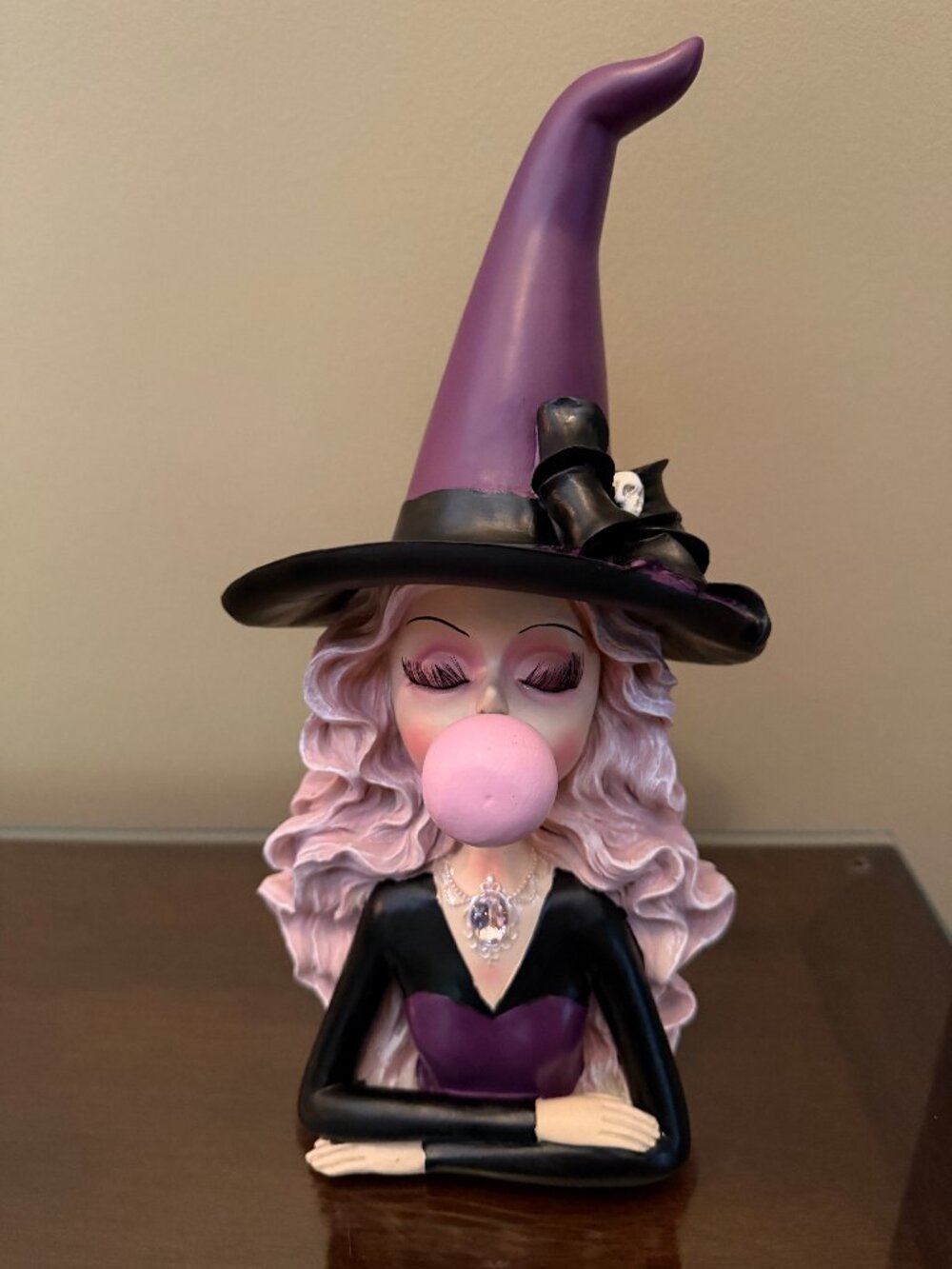 Whimsical Witch Blowing Bubble Gum With skull and bow Halloween Decor NEW 2026